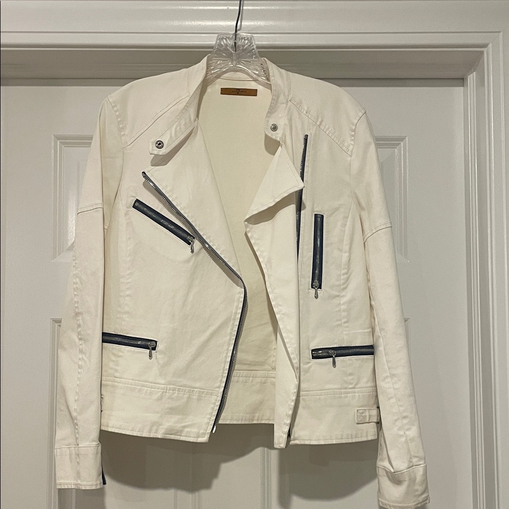 7 For All Mankind white moto Jacket with Blue denim zippers